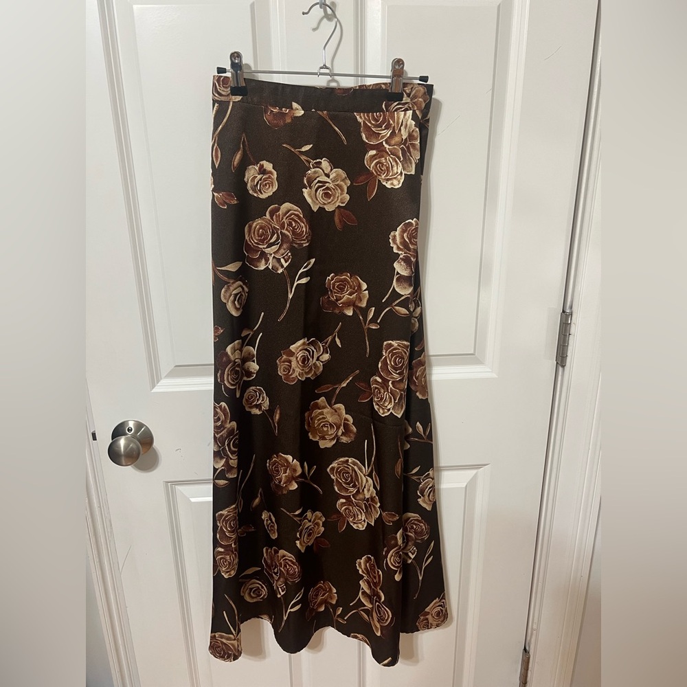 C.C Brown Floral Maxi Skirt with Beige Rose Print